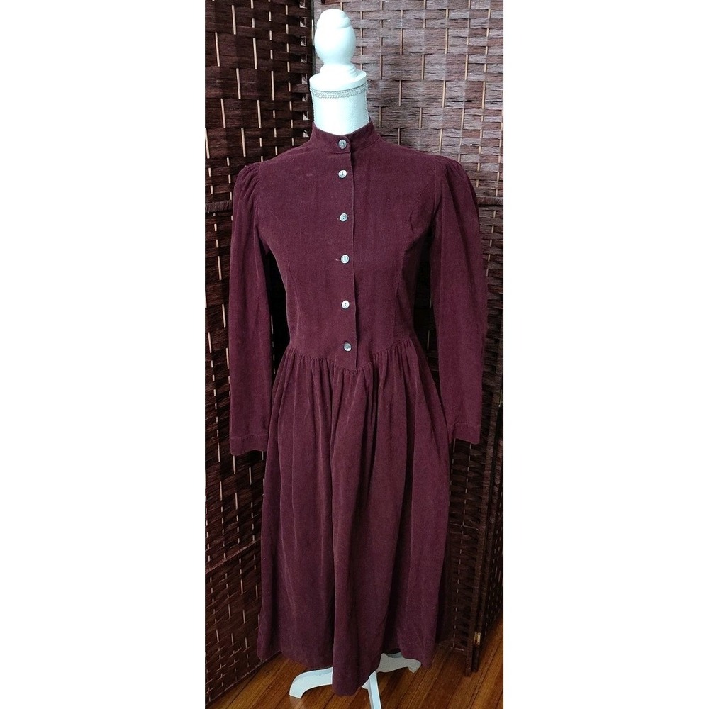Laura Ashley Vintage Corduroy Midi Dress Sz 8 Modest Burgundy Purple Puff Sleeve - Picture 1 of 16
